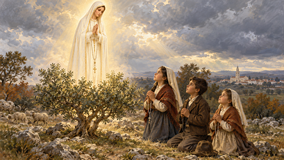 Illustration de Notre-Dame de Fatima et des trois petits bergers à la Cova da Iria.