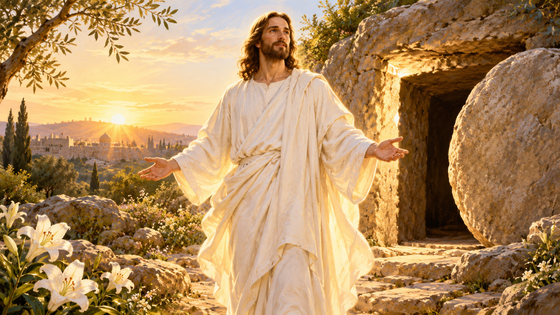 Illustration du Christ ressuscité devant le tombeau vide au matin de Pâques.