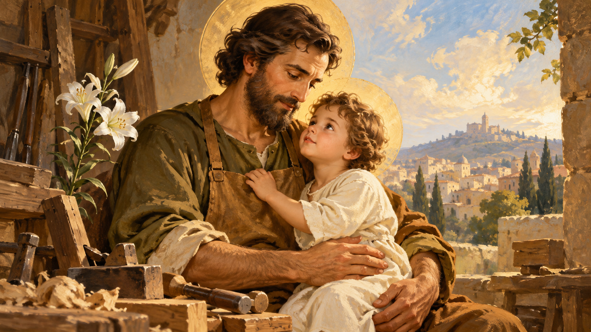 Illustration de saint Joseph portant Jésus enfant, avec un lys et des outils.