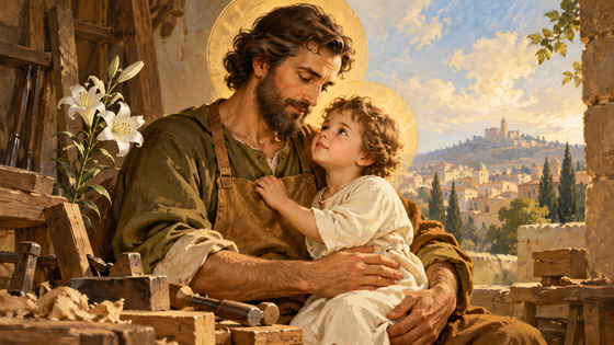 Illustration de saint Joseph portant Jésus enfant, avec un lys et des outils.