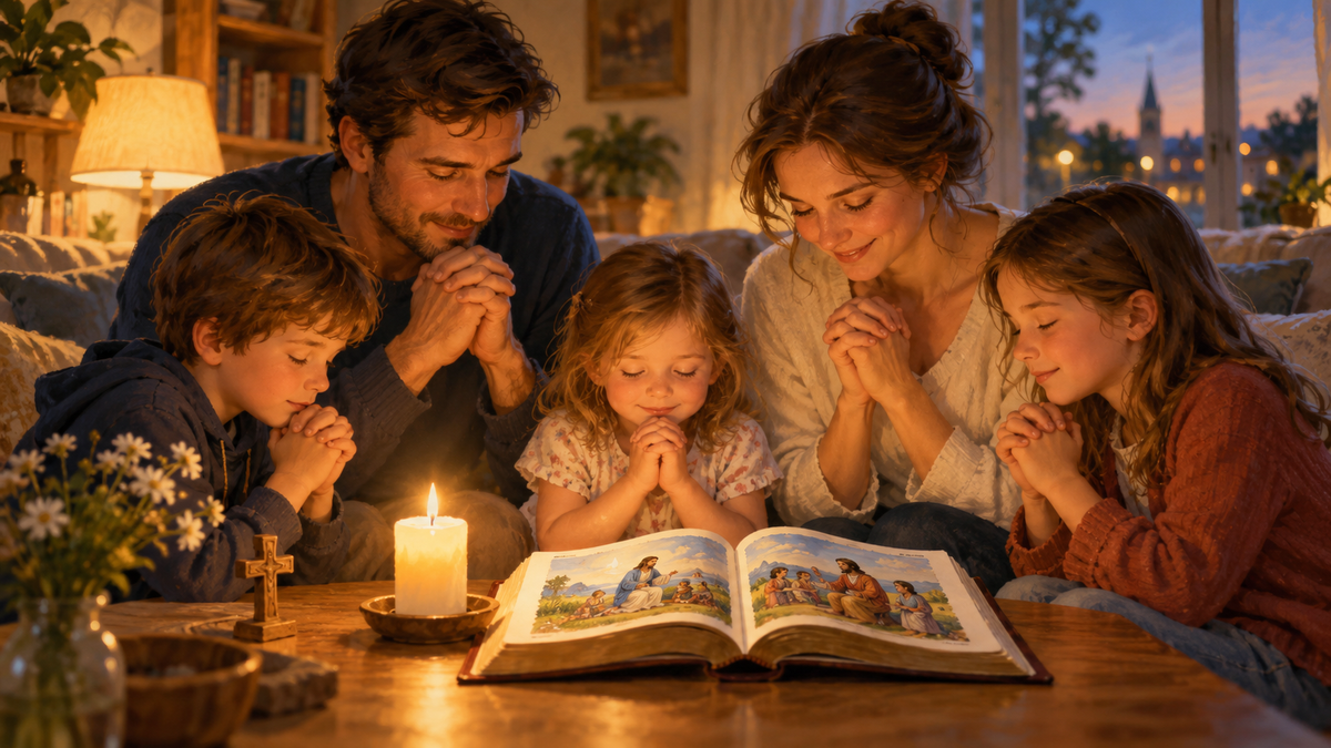 Illustration de parents et d’enfants réunis pour une courte prière familiale.
