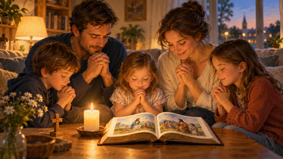 Illustration de parents et d’enfants réunis pour une courte prière familiale.
