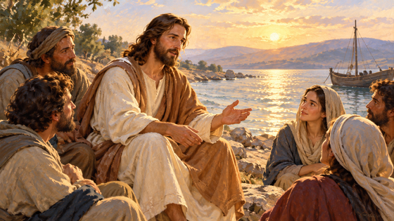 Illustration de Jésus enseignant près du lac de Galilée.