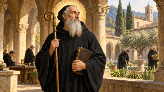 Illustration de saint Benoît avec sa Règle dans un cloître bénédictin.