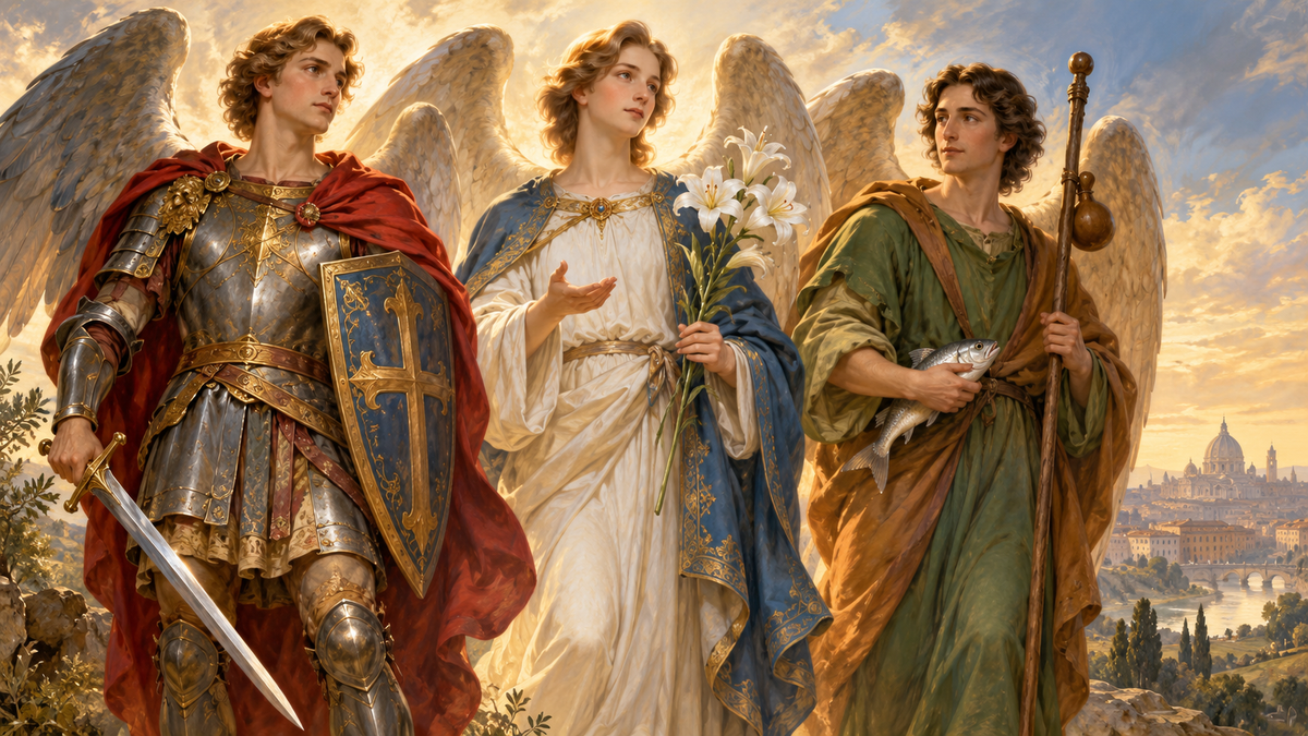 Illustration des archanges Michel, Gabriel et Raphaël avec leurs attributs traditionnels.