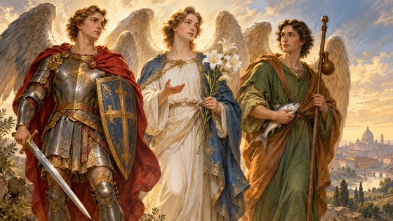 Illustration des archanges Michel, Gabriel et Raphaël avec leurs attributs traditionnels.