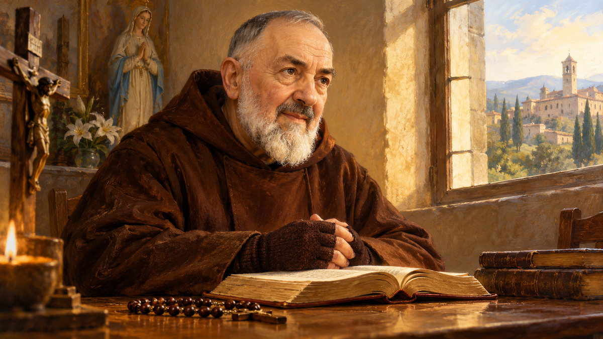 Illustration de saint Padre Pio en habit capucin, les mains gantées sur un livre de prière.