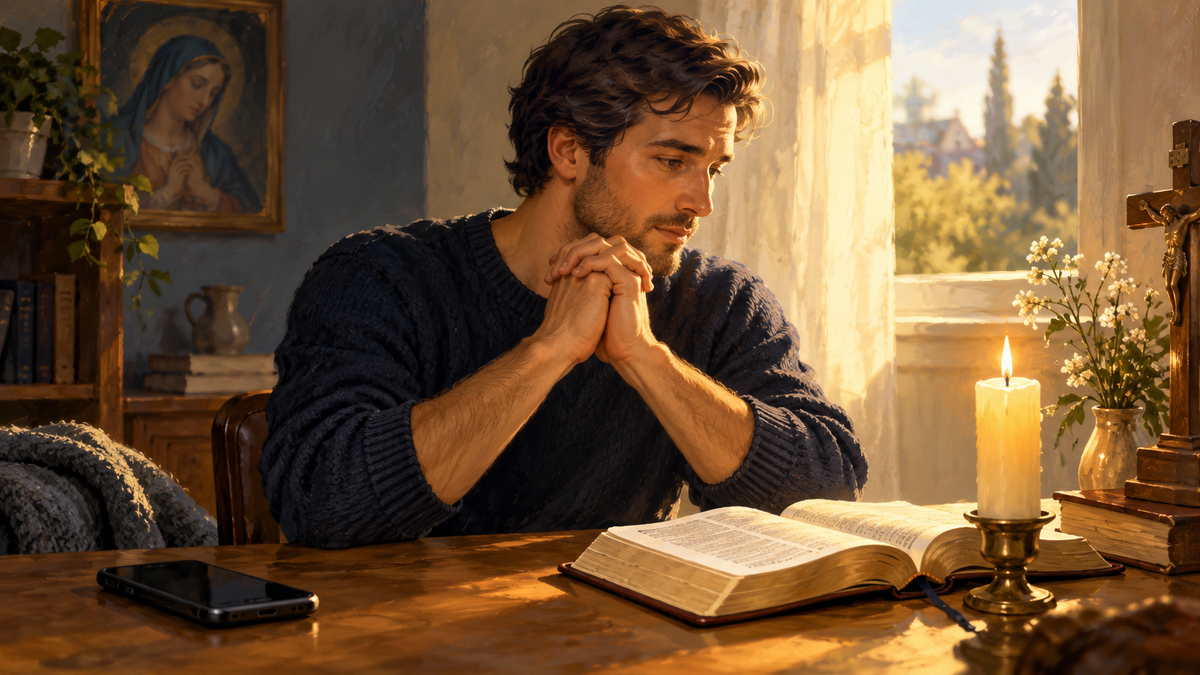 Illustration d’une personne retrouvant la prière devant une Bible et une bougie.