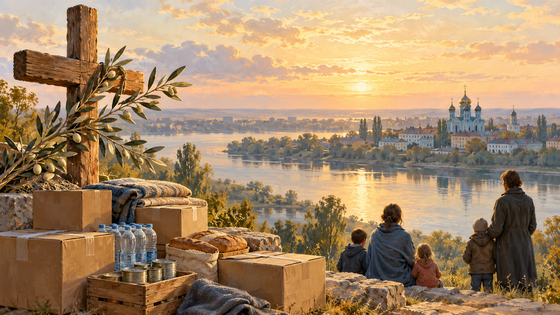 Illustration symbolique : croix, rameau d’olivier et provisions près de civils, devant une ville au bord d’un fleuve.