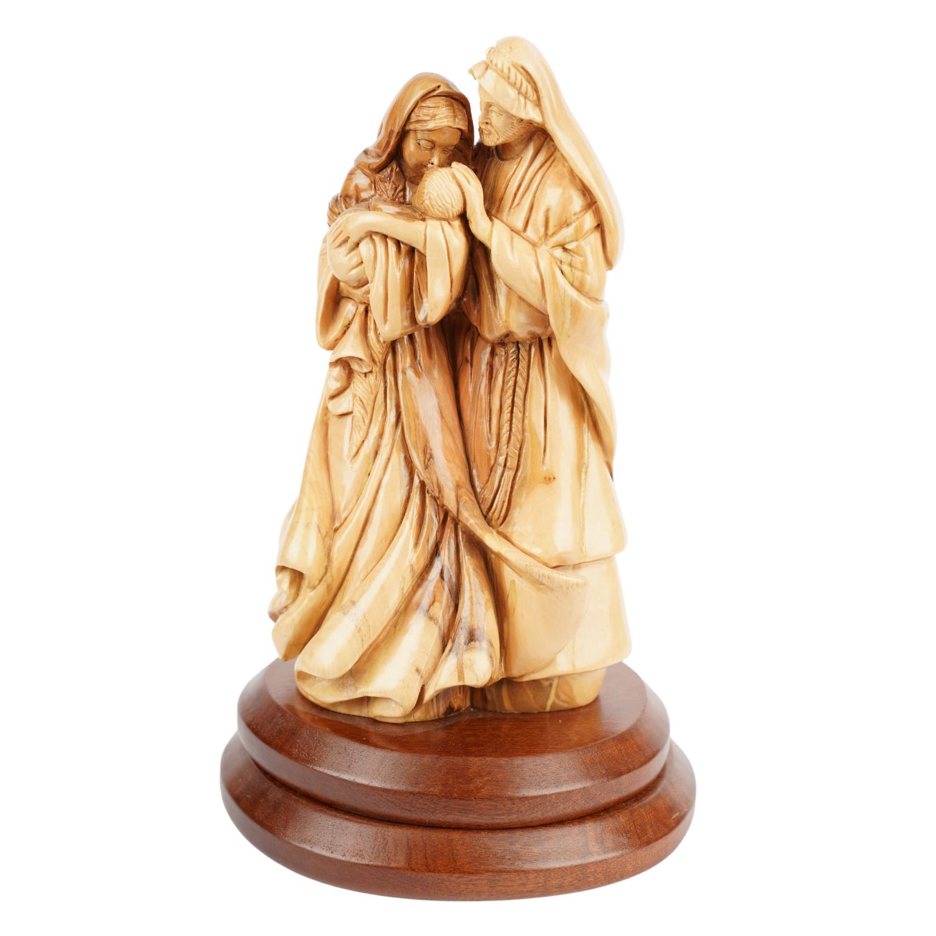 Sainte Famille avec l'enfant nouveau-né – Figurine en bois d'olivier sculptée à la main, provenant de Bethléem (27 cm)