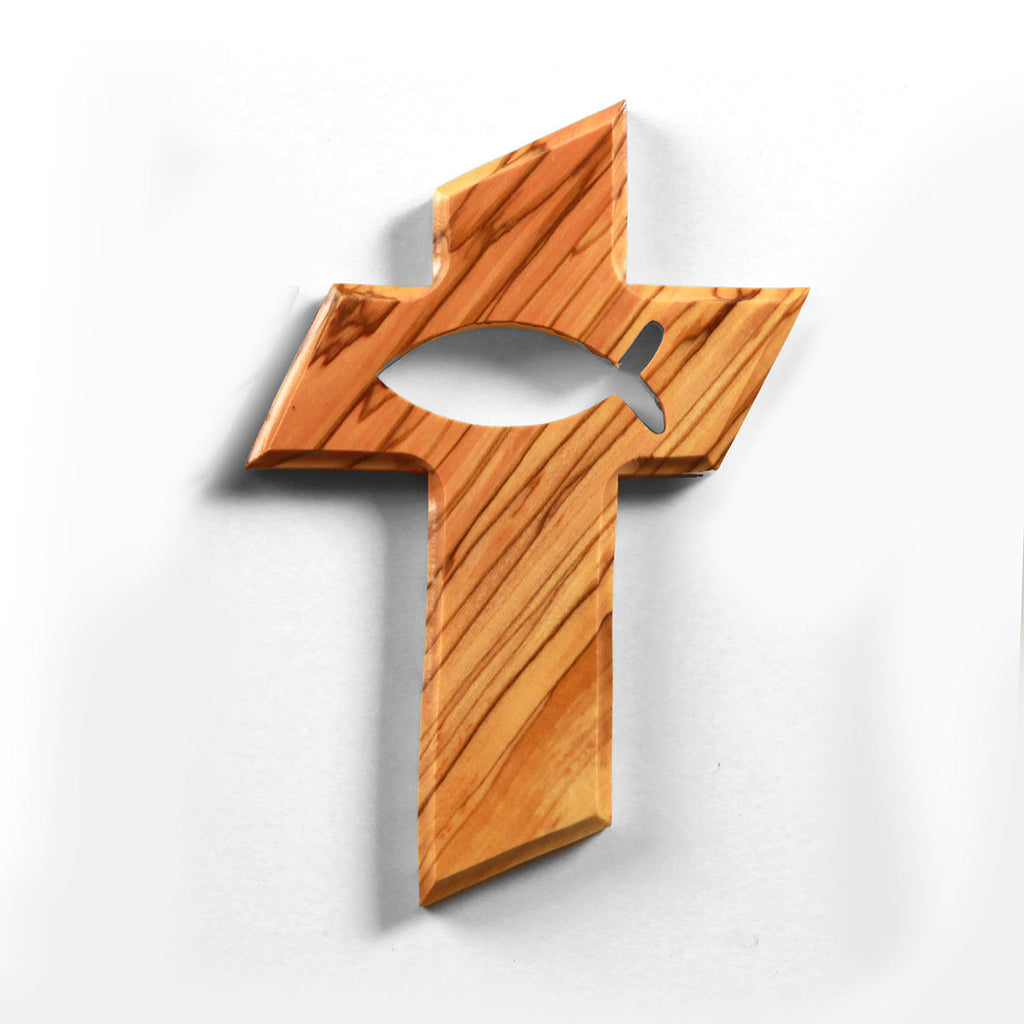 Olivenholz Wandkreuz mit Fisch-0
