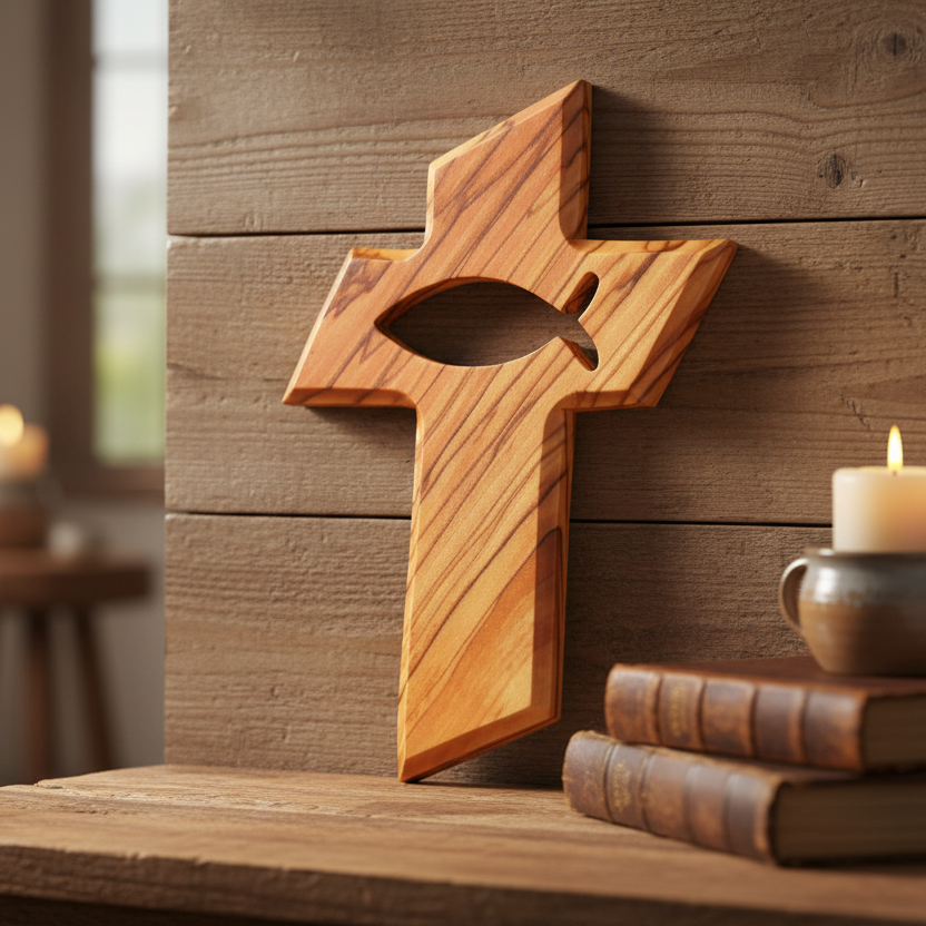 Croix murale en bois d'olivier ornée d'un Ichtus | Stella Christi