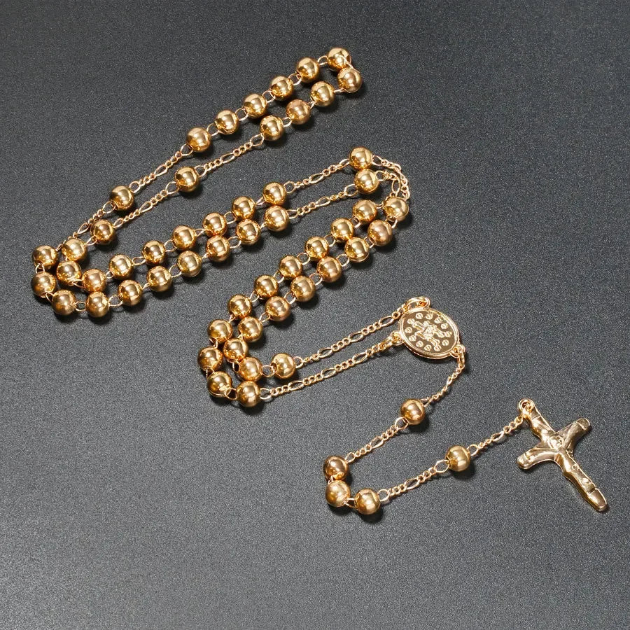 Collier chapelet à perles métalliques 6 mm – crucifix