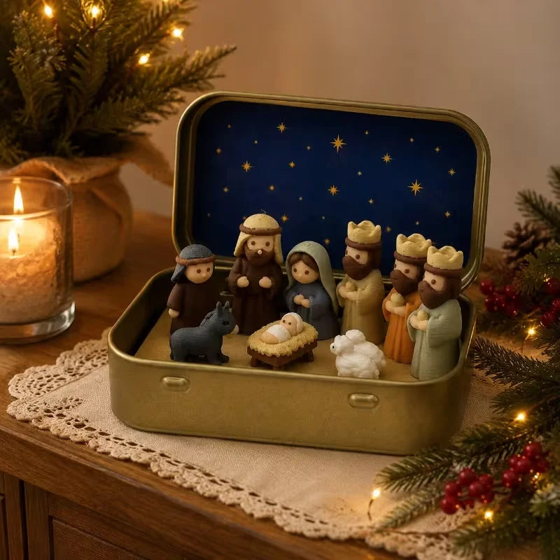 Mini crèche de Noël en boîte métallique – Sainte Famille