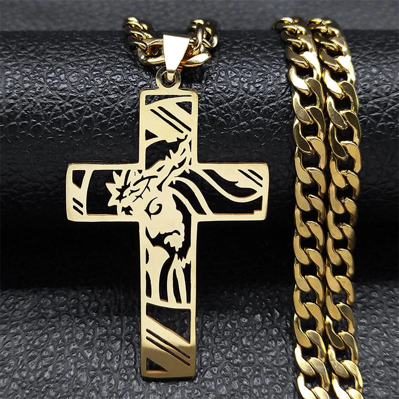 Collier croix du Christ et couronne d’épines – acier inoxydable
