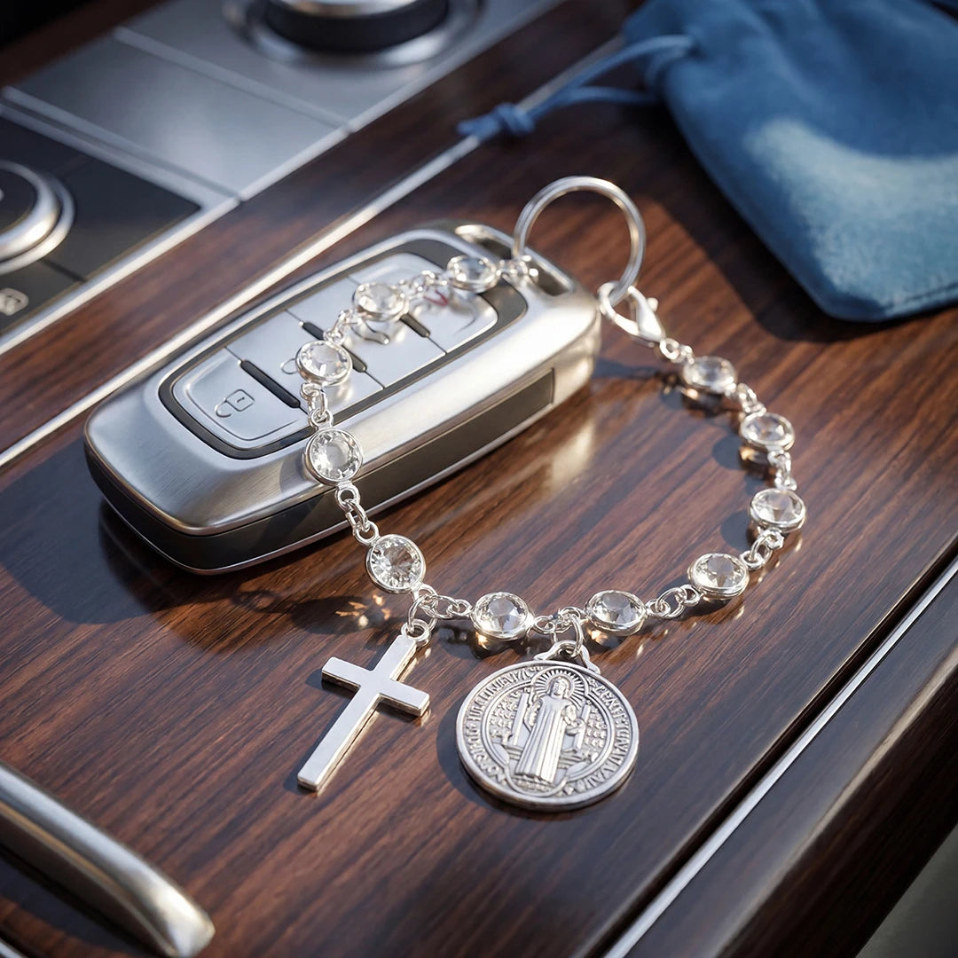 Pendentif voiture Saint-Benoît et croix – perles