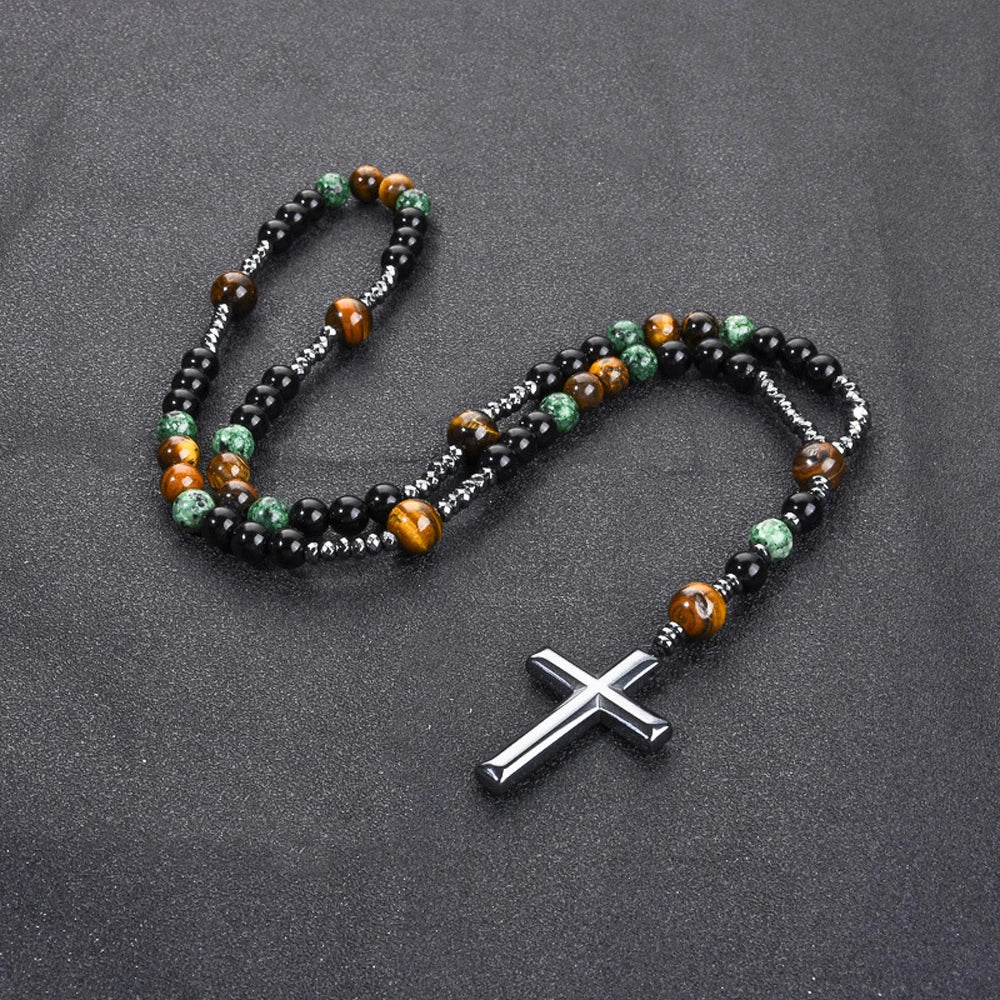 Collier croix en pierre rouge naturelle – 70 cm