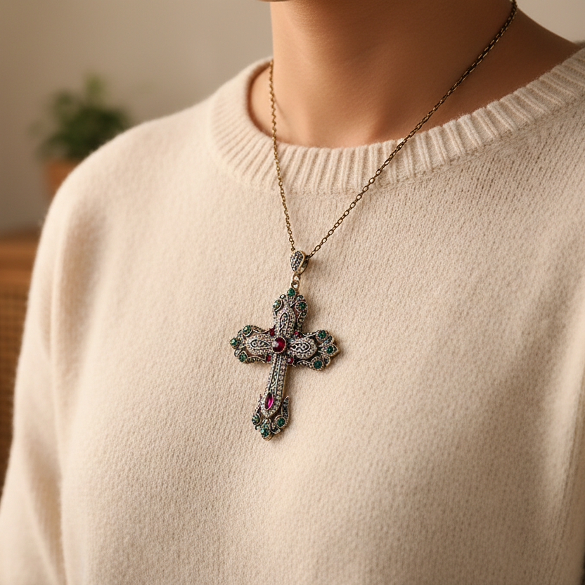 Collier Croix Royale Chrétienne – Pierre Rouge, Verte ou Bleue | Stella Christi