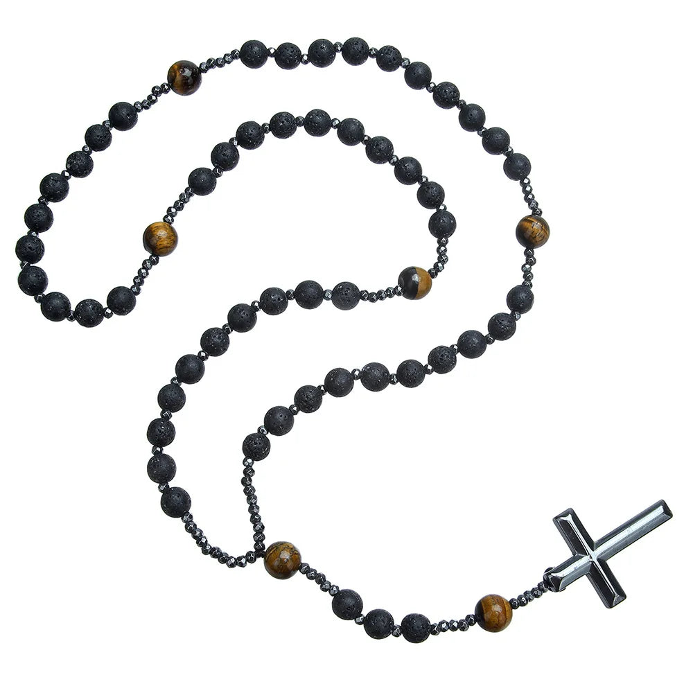 Collier croix en pierre rouge naturelle – 70 cm