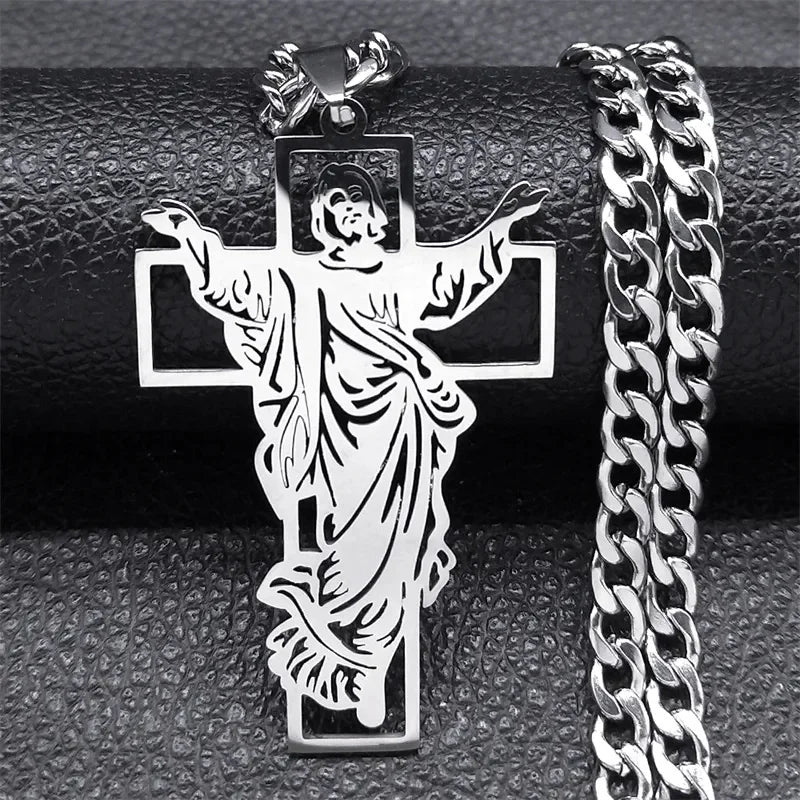 Collier croix du Christ et couronne d’épines – acier inoxydable