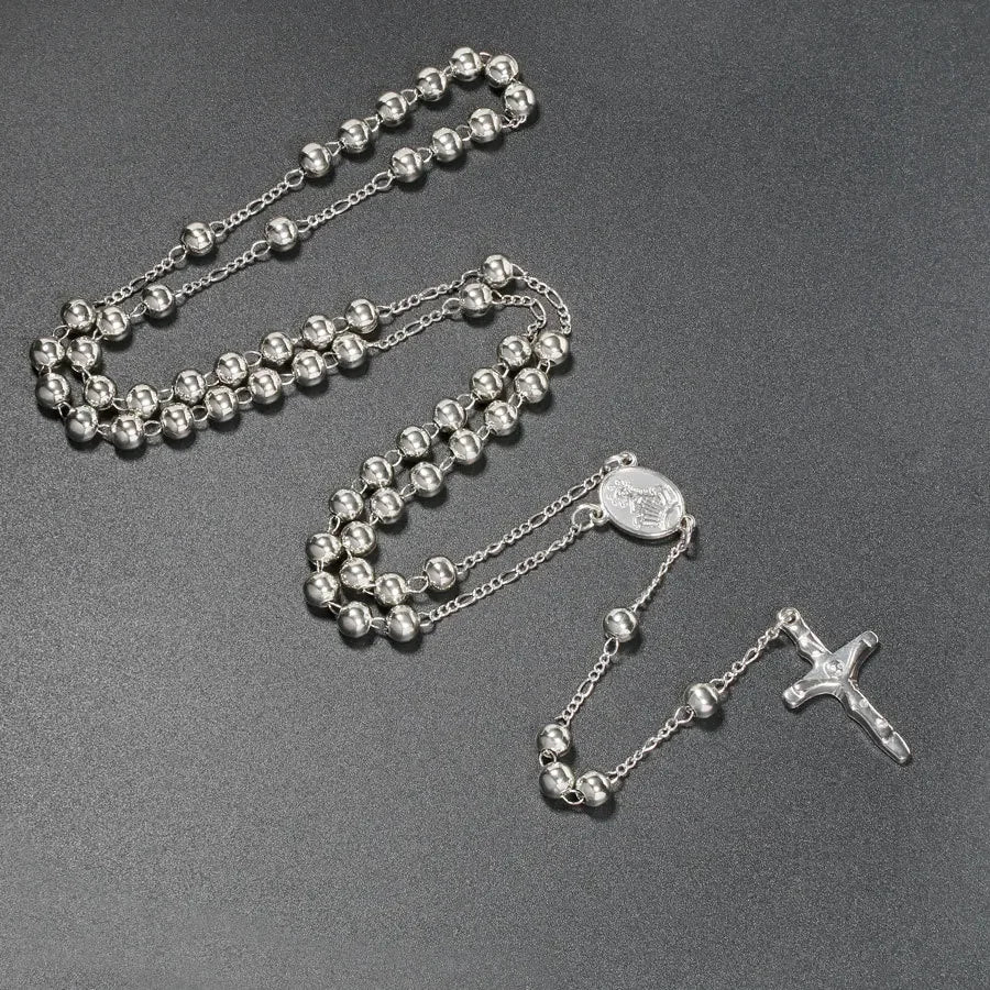 Collier chapelet à perles métalliques 6 mm – crucifix