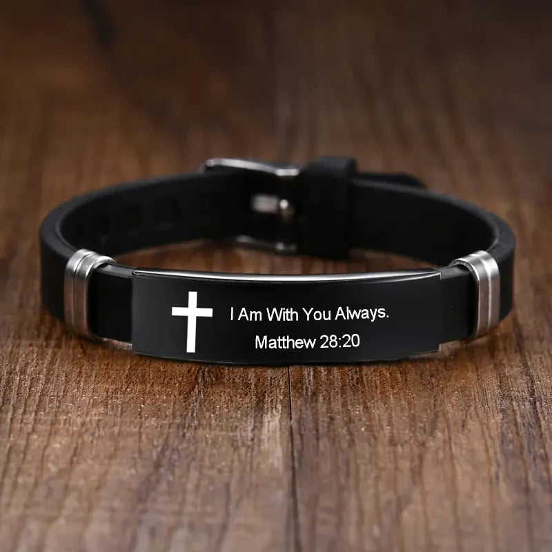 Bracelet croix et verset biblique – acier inoxydable noir