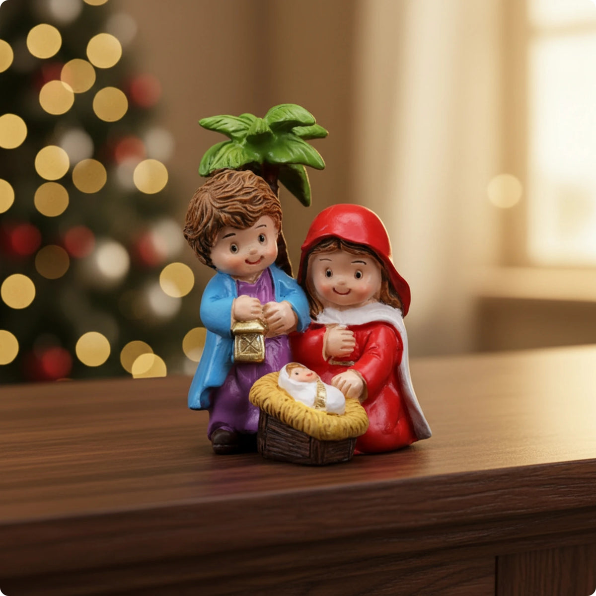 Petite crèche Sainte Famille avec palmier – résine – détail 8