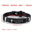 Bracelet croix et verset biblique – acier inoxydable noir