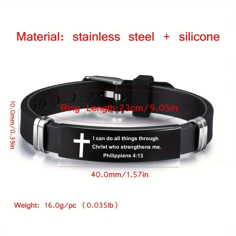 Bracelet croix et verset biblique – acier inoxydable noir