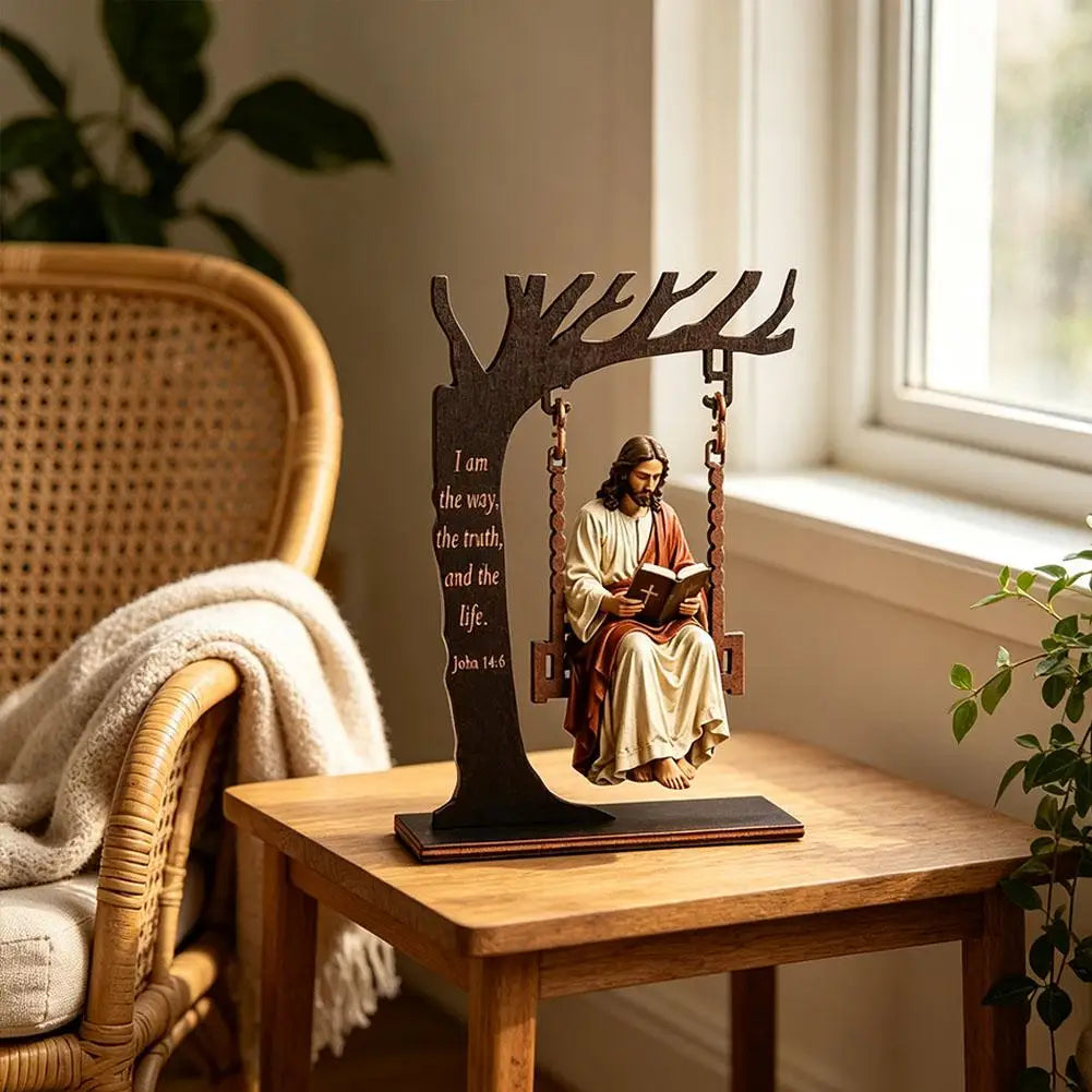 Décoration Jésus à la balançoire avec verset biblique – bois