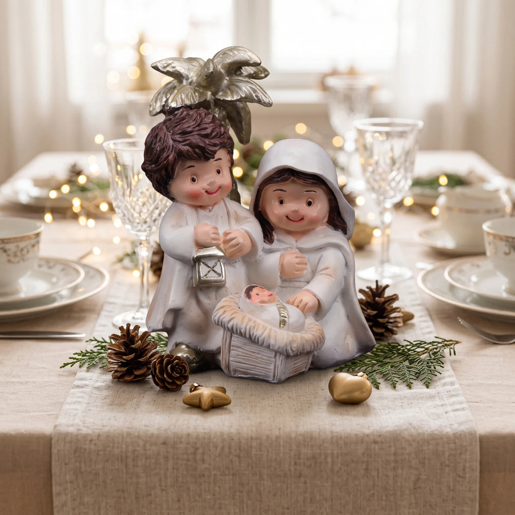 Petite crèche Sainte Famille avec palmier – résine – vue principale