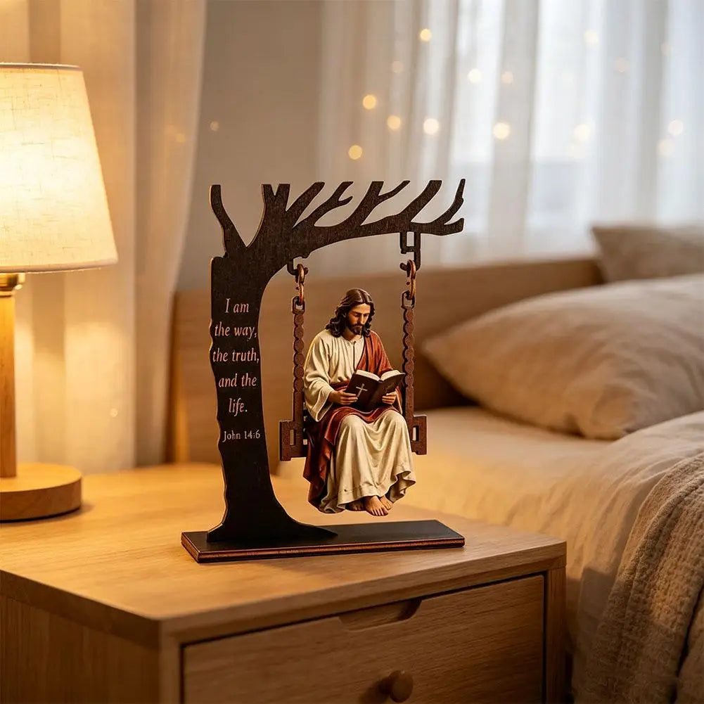Décoration Jésus à la balançoire avec verset biblique – bois