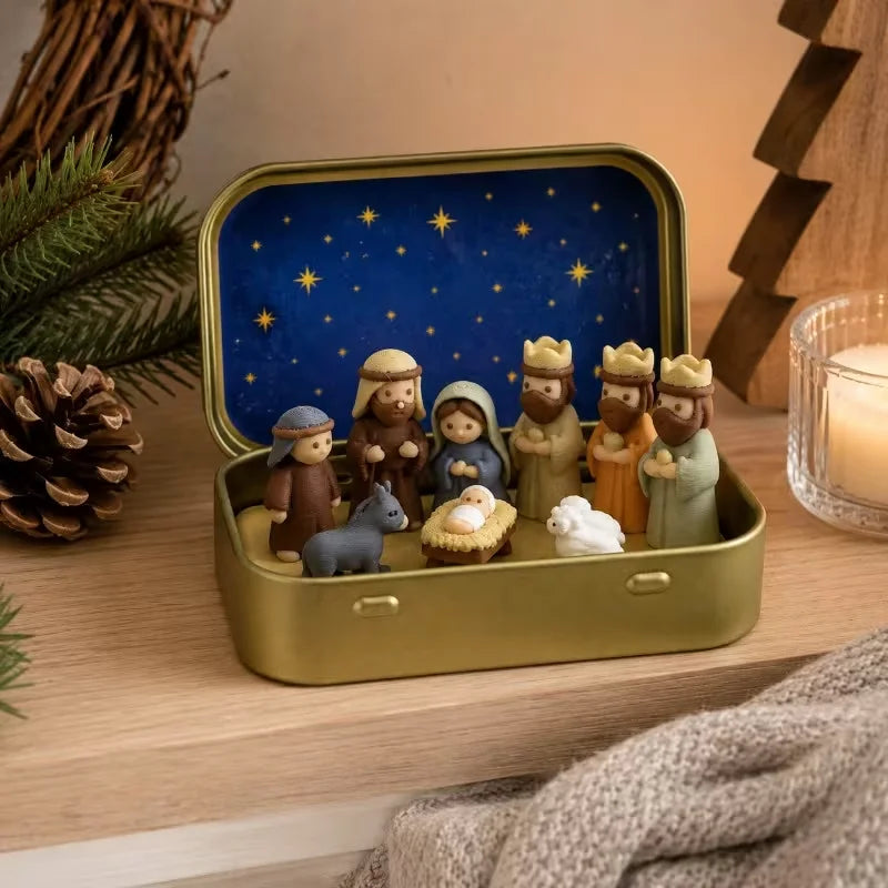 Mini crèche de Noël en boîte métallique – Sainte Famille