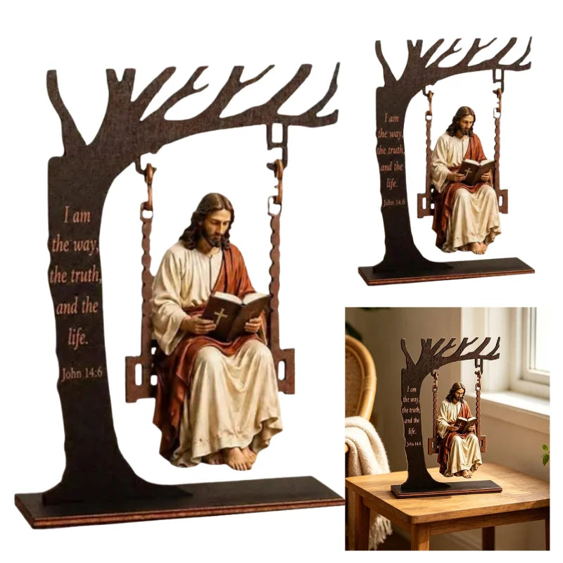 Décoration Jésus à la balançoire avec verset biblique – bois