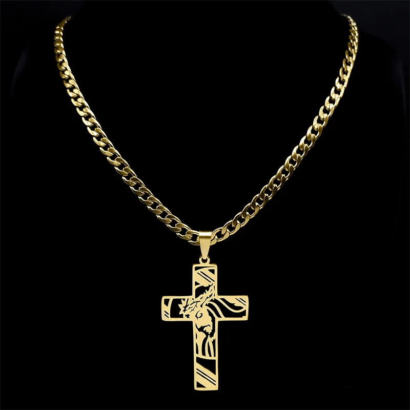 Collier croix du Christ et couronne d’épines – acier inoxydable