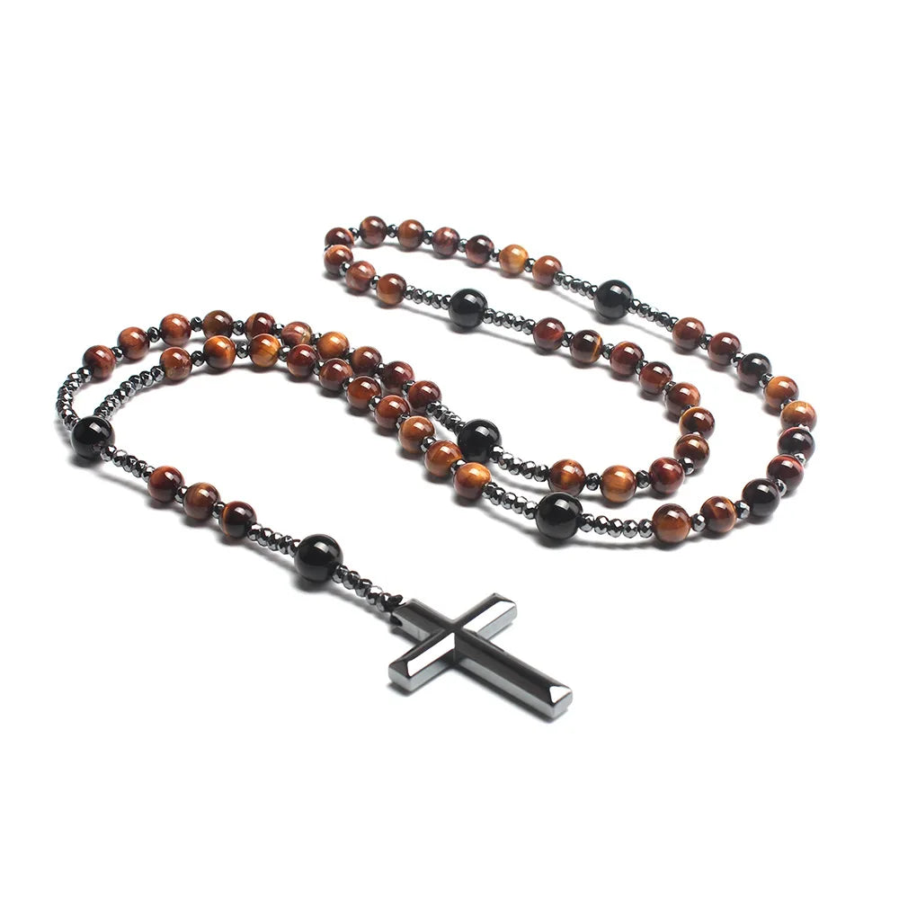 Collier croix en pierre rouge naturelle – 70 cm