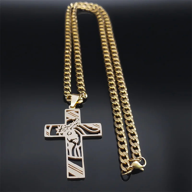 Collier croix du Christ et couronne d’épines – acier inoxydable