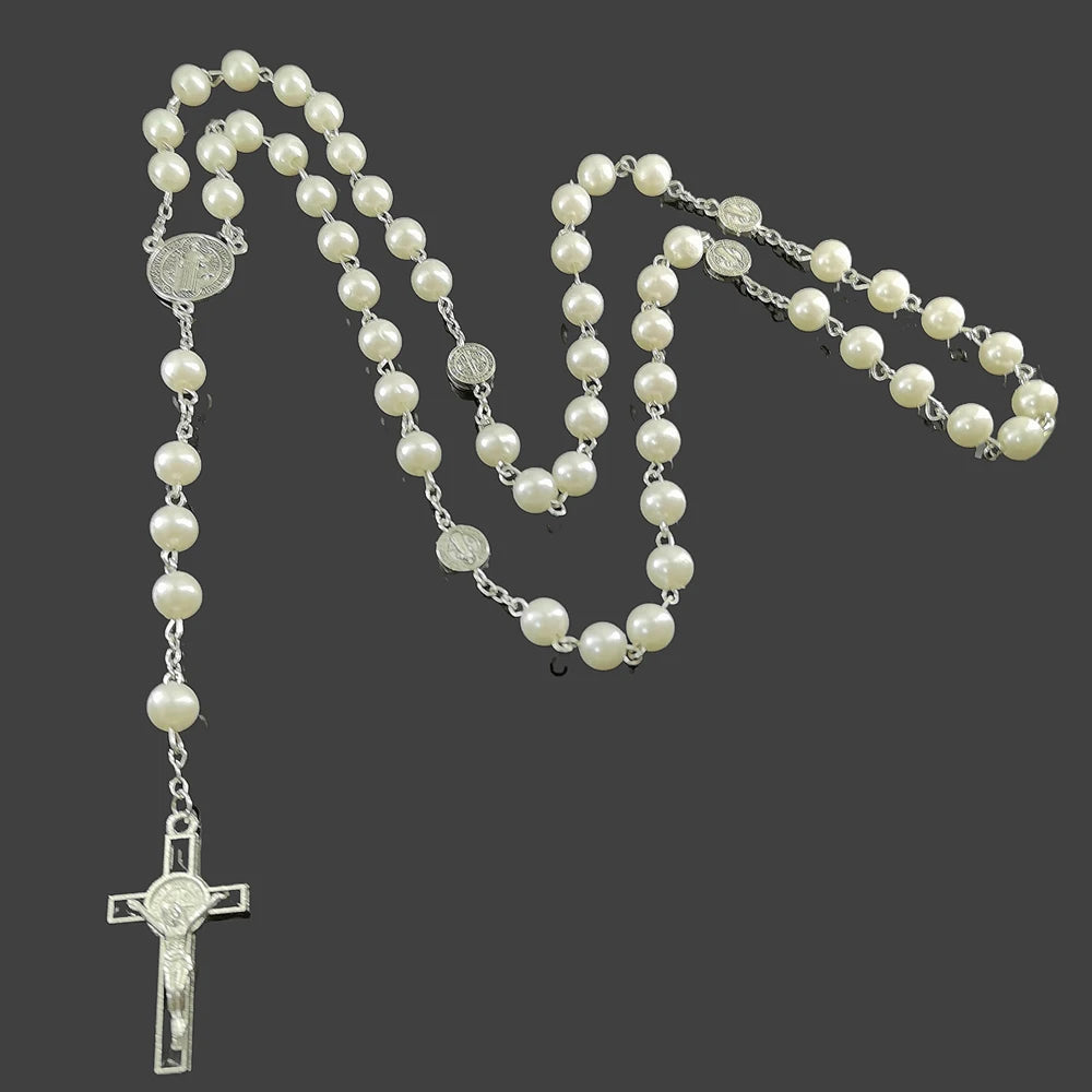 Collier chapelet style perles nacrées – croix