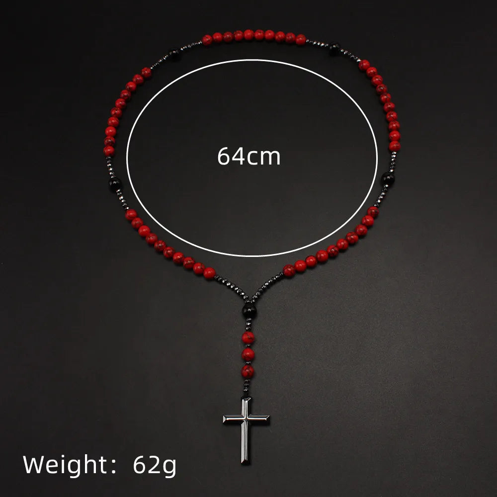 Collier croix en pierre rouge naturelle – 70 cm