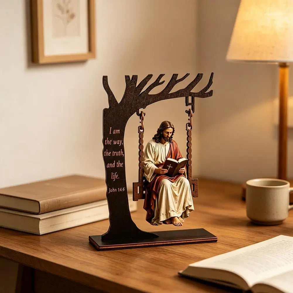 Décoration Jésus à la balançoire avec verset biblique – bois