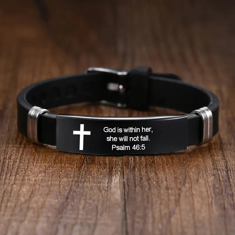Bracelet croix et verset biblique – acier inoxydable noir