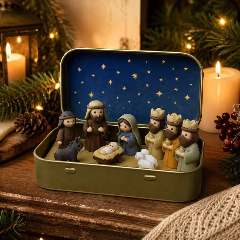 Mini crèche de Noël en boîte métallique – Sainte Famille