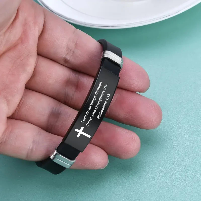 Bracelet croix et verset biblique – acier inoxydable noir