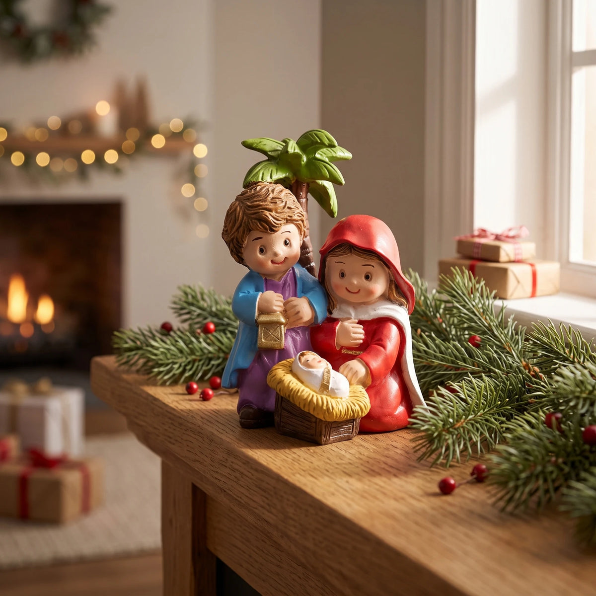 Petite crèche Sainte Famille avec palmier – résine – détail 3