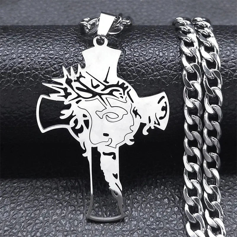 Collier croix du Christ et couronne d’épines – acier inoxydable