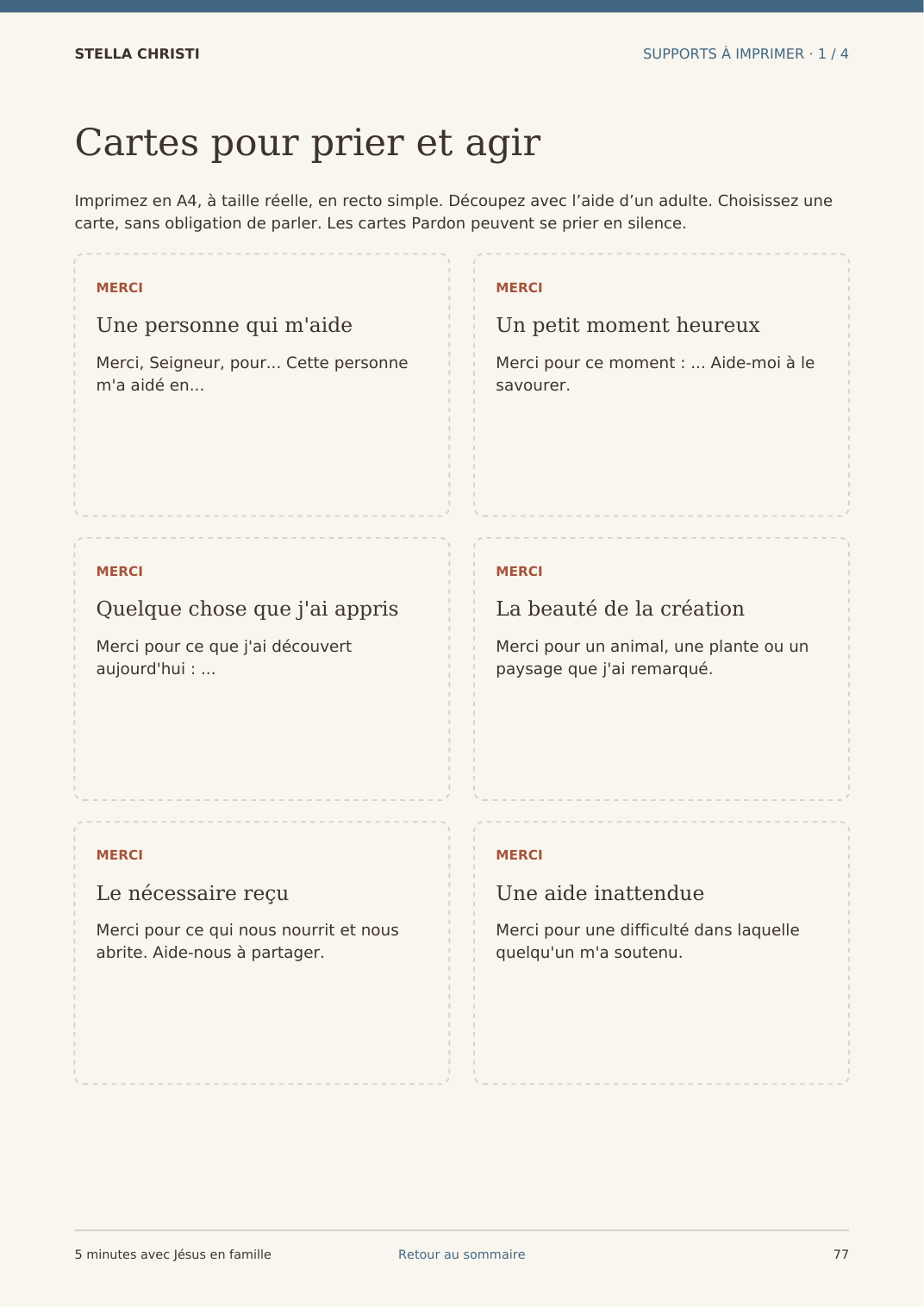 Six cartes Merci du kit : des invitations distinctes pour prier en famille