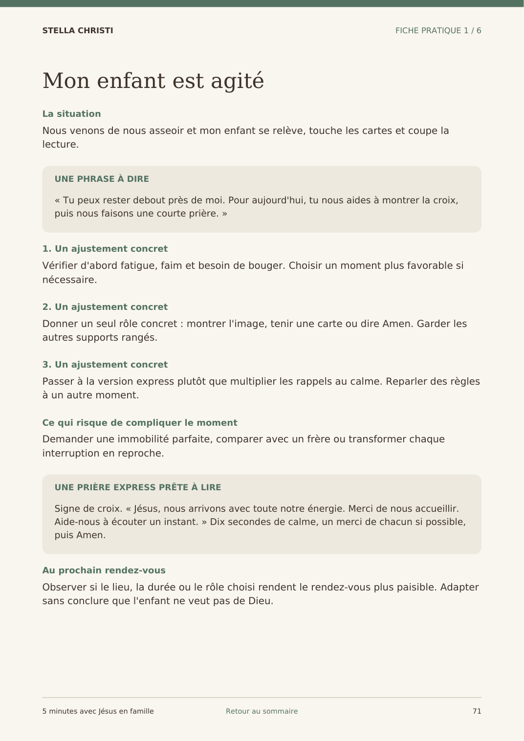 Fiche pratique complète pour accompagner un enfant agité pendant la prière familiale