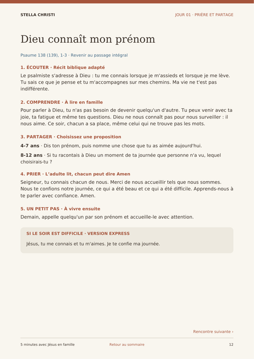Aperçu réel du jour 1 : explication, questions pour les 4–7 et 8–12 ans, prière et petit geste