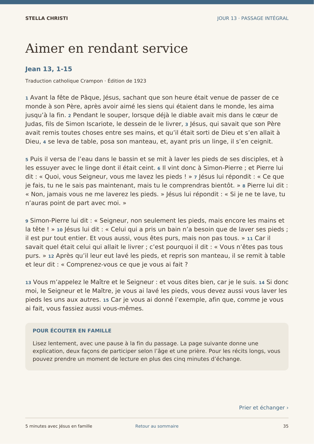 Aperçu réel du passage intégral de Jean 13, 1–15, traduction catholique Crampon 1923